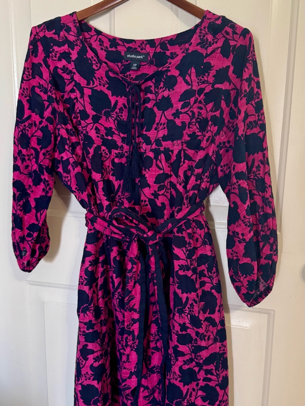 Studio Pink and Navy Floral Tie-Waist Long Sleeve Dress with Tassel